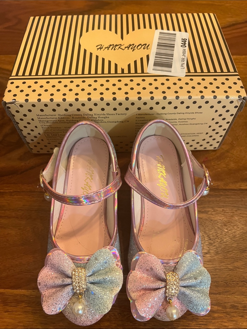 Kids Pink Glitter Bow Mary Jane Shoes with Pearl Accent